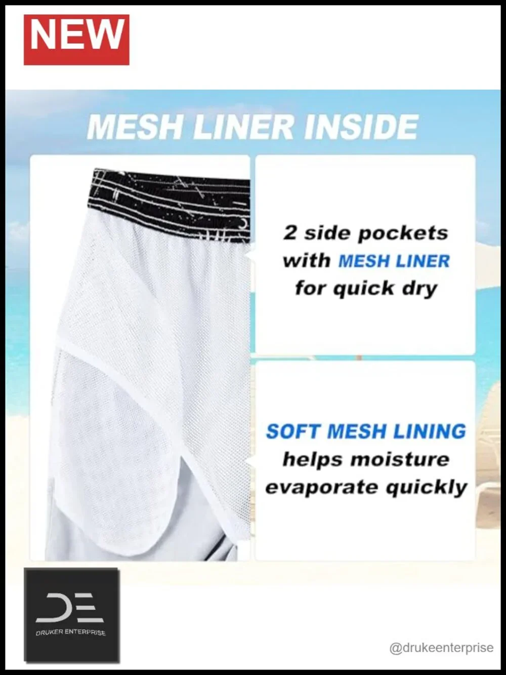 Mens Quick Dry Board Shorts with Mesh Lining UPF 50+